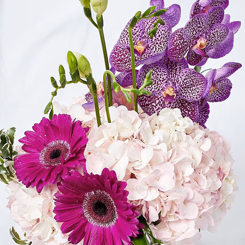 Serene Mixed Flowers Vase Arrangement With Cake
