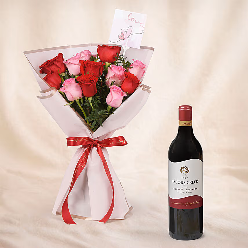 Love Expresssion Roses Bouquets and Wine Gift Set