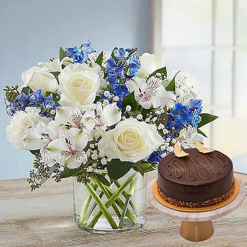 Blue And White Floral Bunch With Chocolate Cake