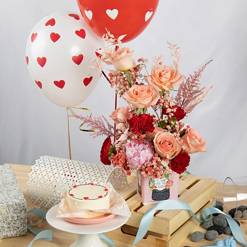 Anniversary Love Flowers with Cake and Balloons