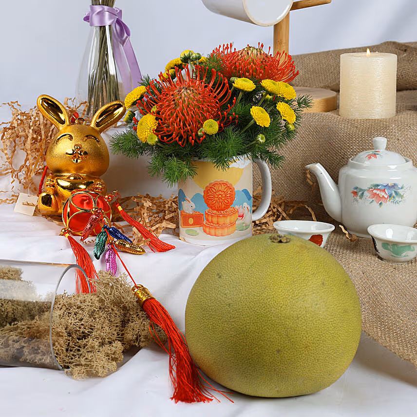 Mid Autumn Flowers in Mug with Pomelo