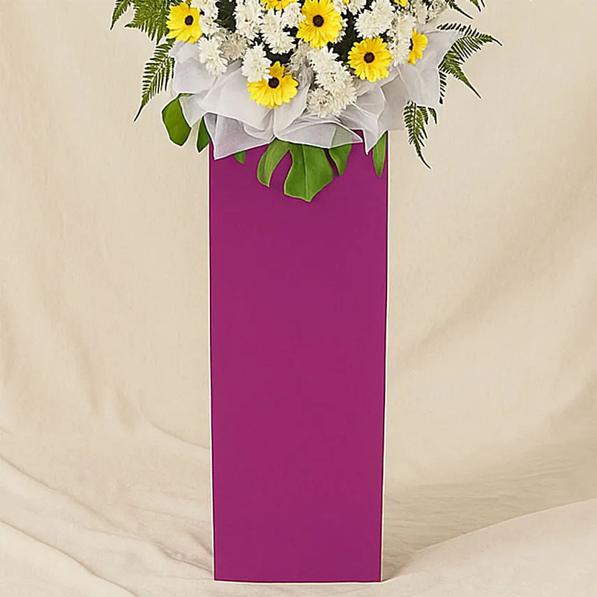 Yellow Gerberas White Pom In Beautiful Pink Stand