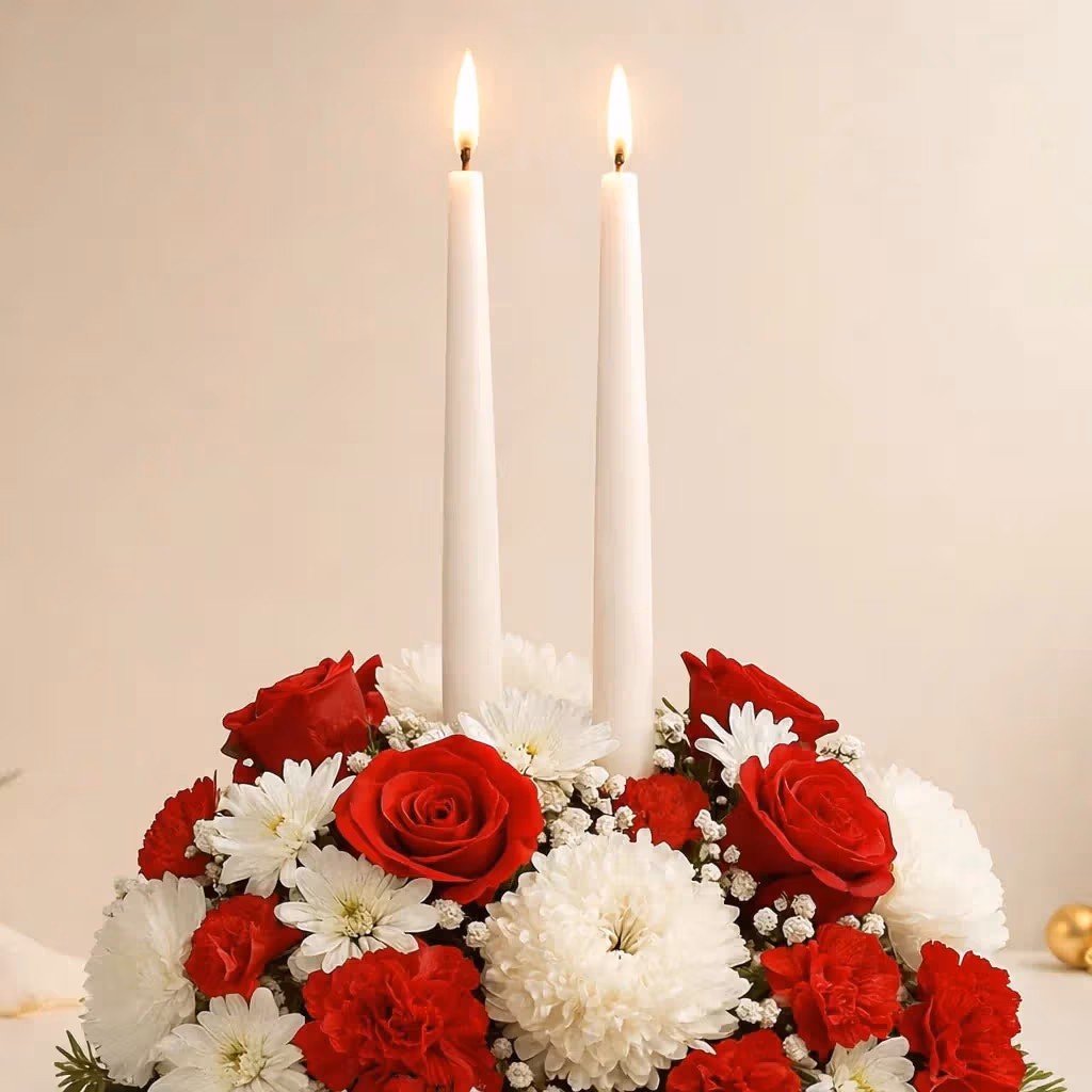 ورد طاولة مع شموع عيد الميلاد