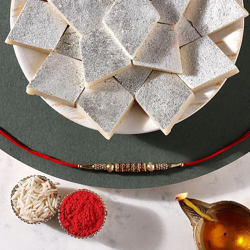 Sneh Sleek Designer Mauli Rakhi & Kaju Katli