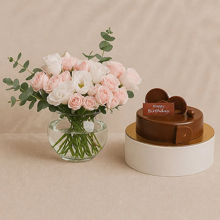 Elegant Rose And Lisianthus Bloom Bowl With Decadent Fudge Cake