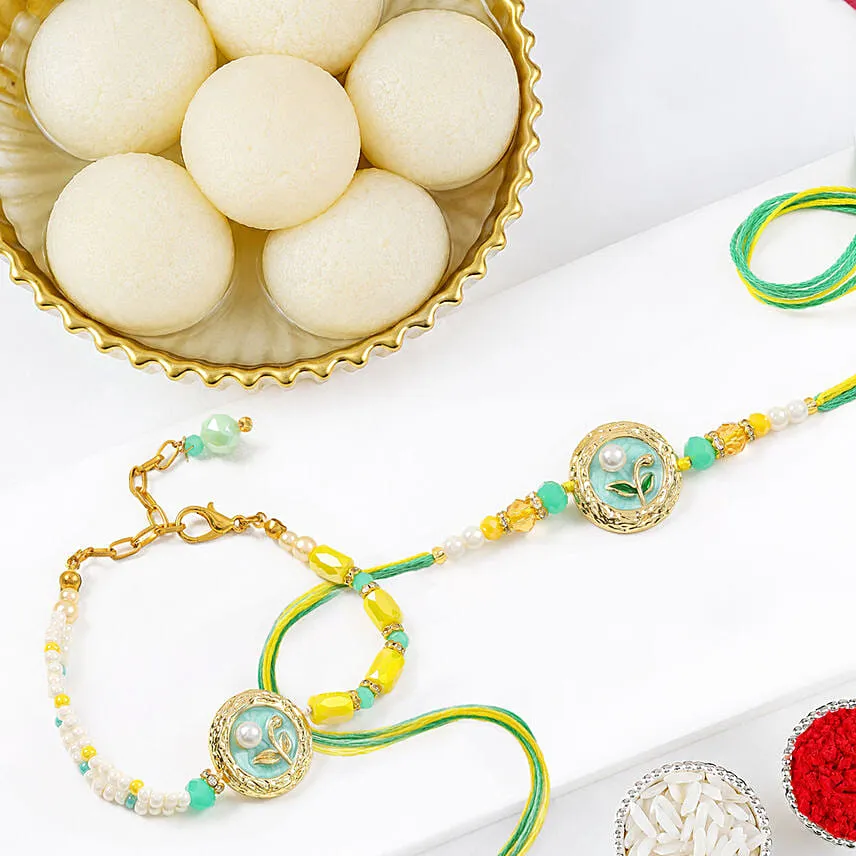 Green and Yellow Stone Bhaiya Bhabhi Rakhi with Rasgulla