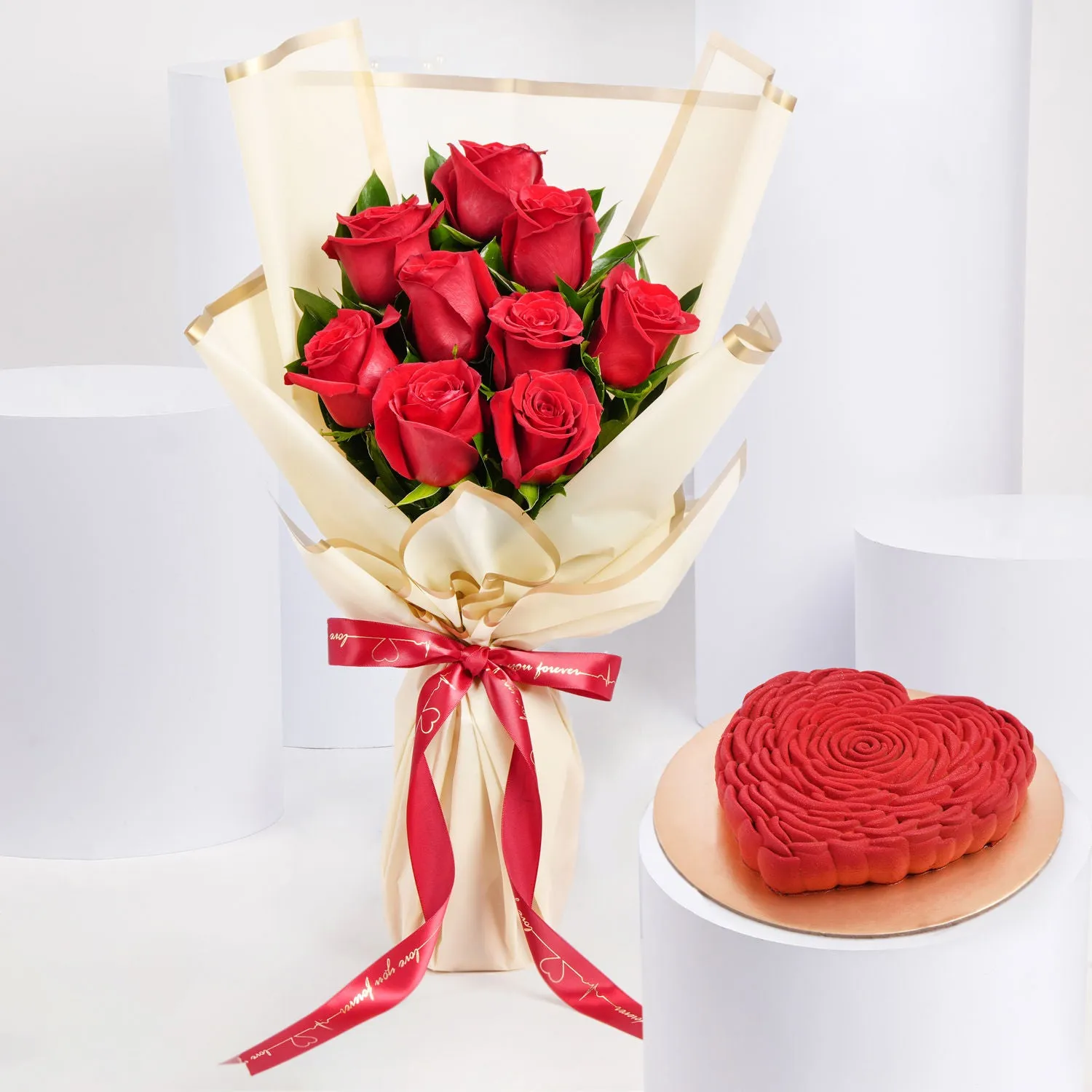 Romantic 9 Red Roses Bouquet with Heart-Shaped Chocolate Cake