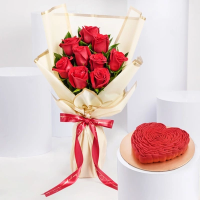 Romantic 9 Red Roses Bouquet with Heart-Shaped Chocolate Cake