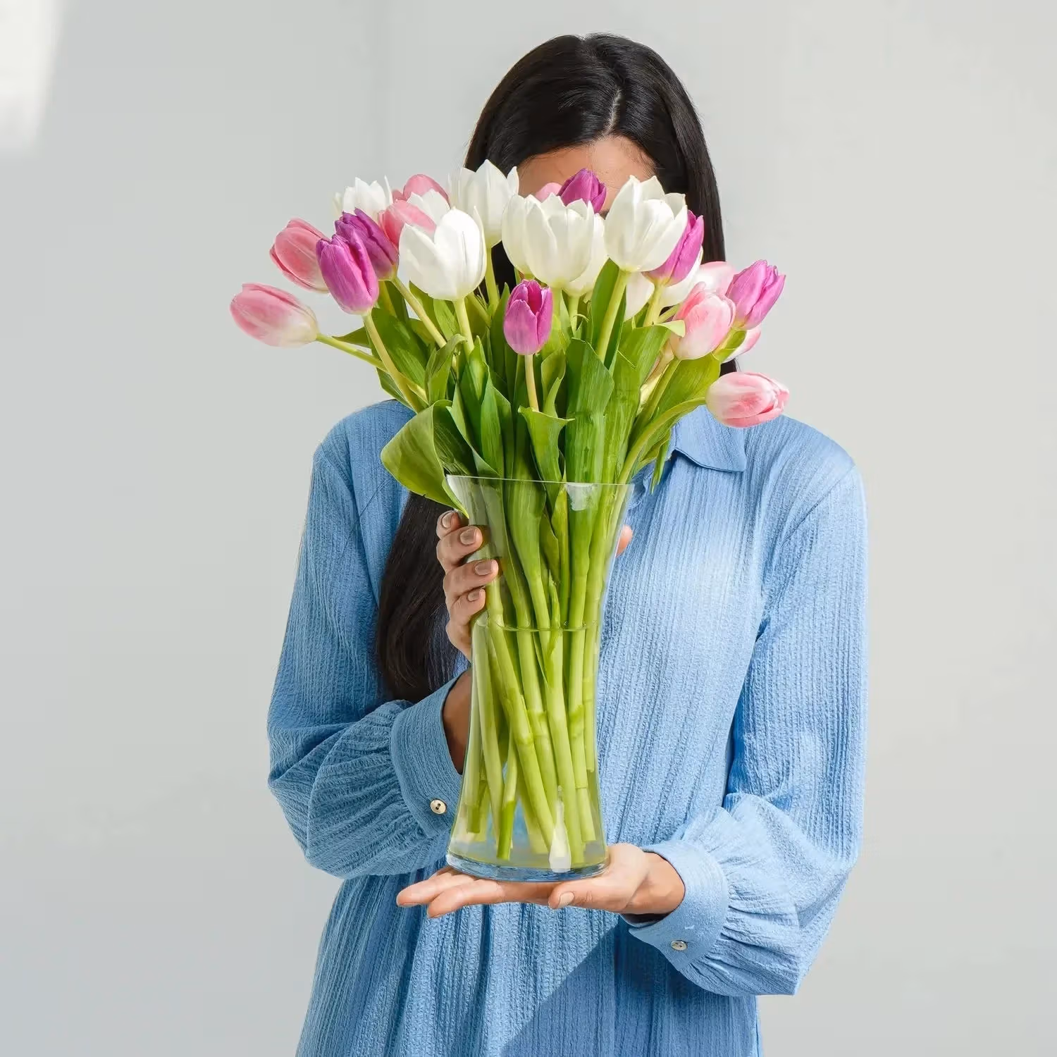 Painted Skies Tulip Bouquet in Elegant Glass Vase