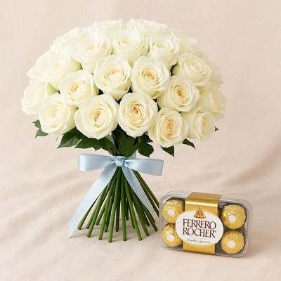 White Roses Bunch and Ferrero Rocher