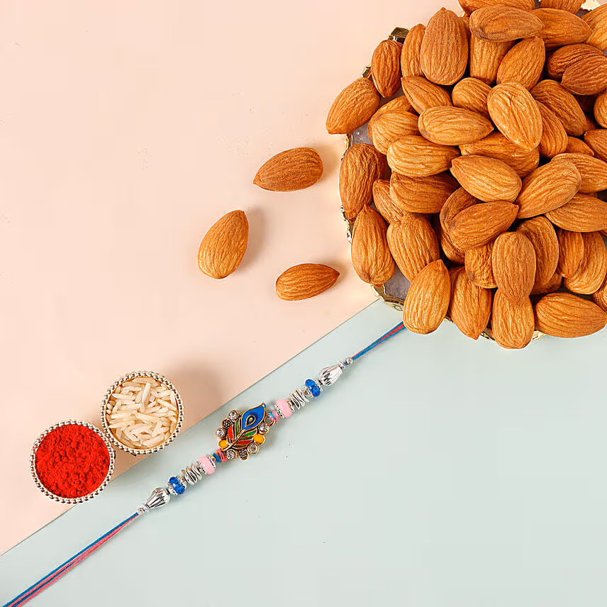 Sneh Designer Peacock Rakhi & Almonds