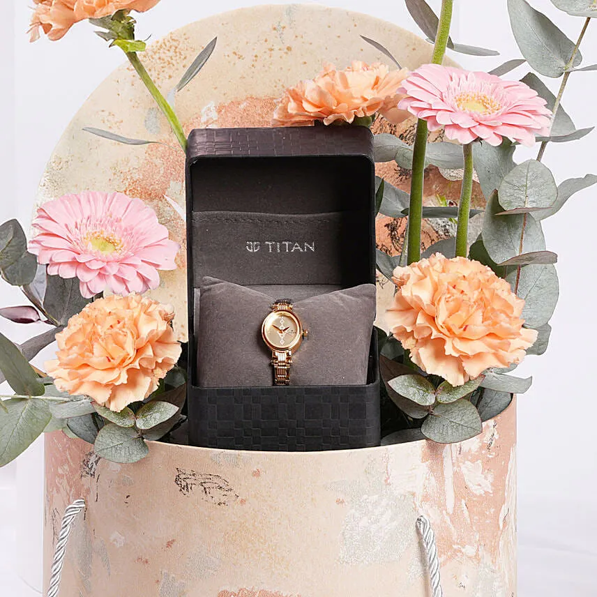 Vday Flowers & Balloon Arrangement with Watch for Her