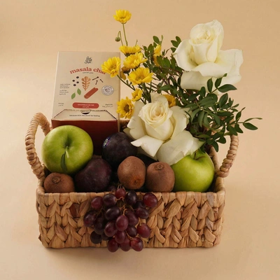 Fruit Basket with White Roses & Masala Tea