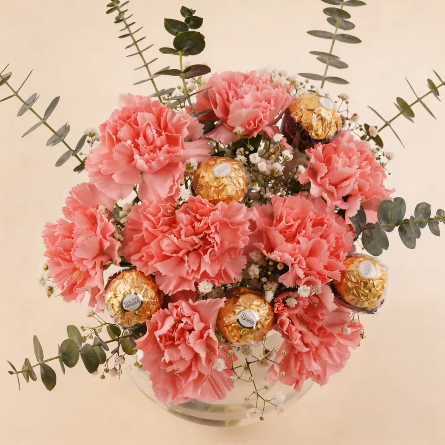 Elegant Pink Carnation Bouquet with Ferrero Rocher in Glass Vase