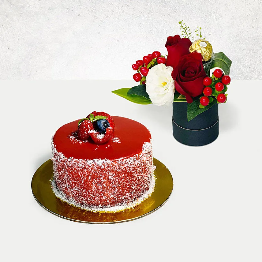 Fresh Blooms & Rocher in Round Box with Mini Mousse Cake