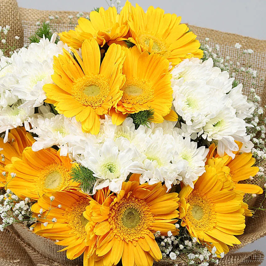Lovely Yellow White Flowers Jute Bouquet With Chocolate