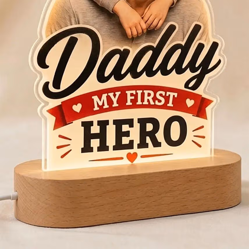 Personalised Hero Dad Photo LED Wooden Lamp