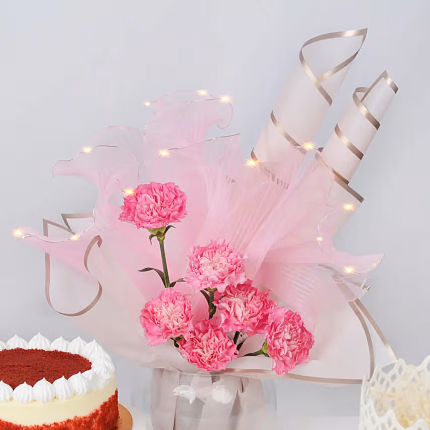 Carnations LED Light Arrangement with Cake