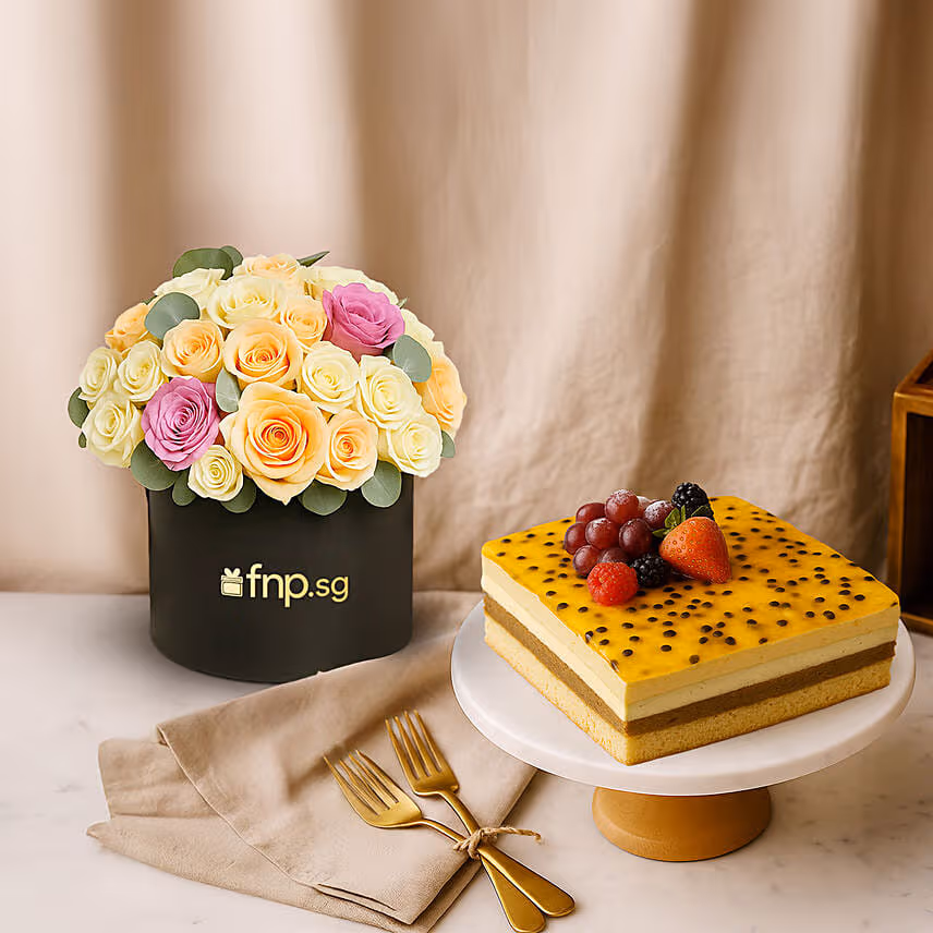 Dubai Passionfruit Chocolate Cake and Mix Roses Bundle
