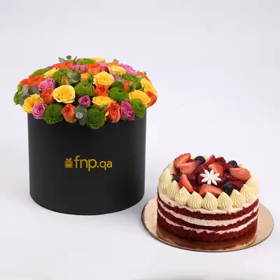 Luxurious Mixed Color Roses Flower Box with Decadent Red Velvet Cake