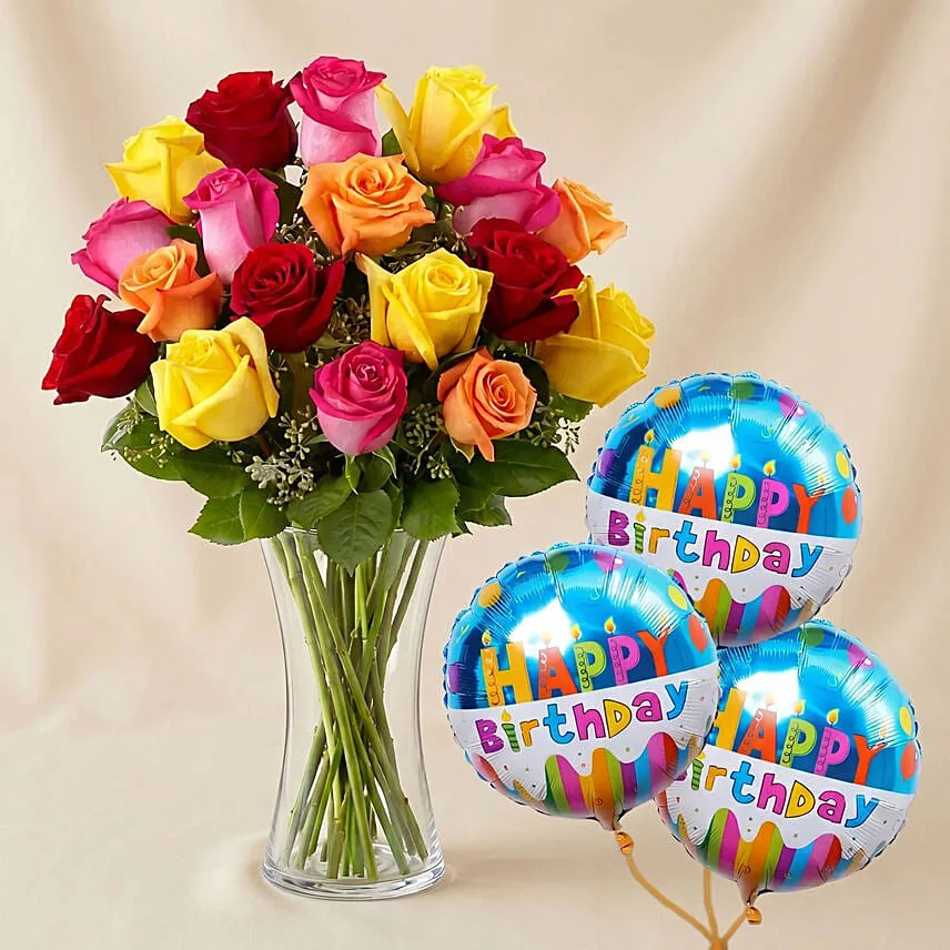 Vivid Roses Bunch With Birthday Balloon