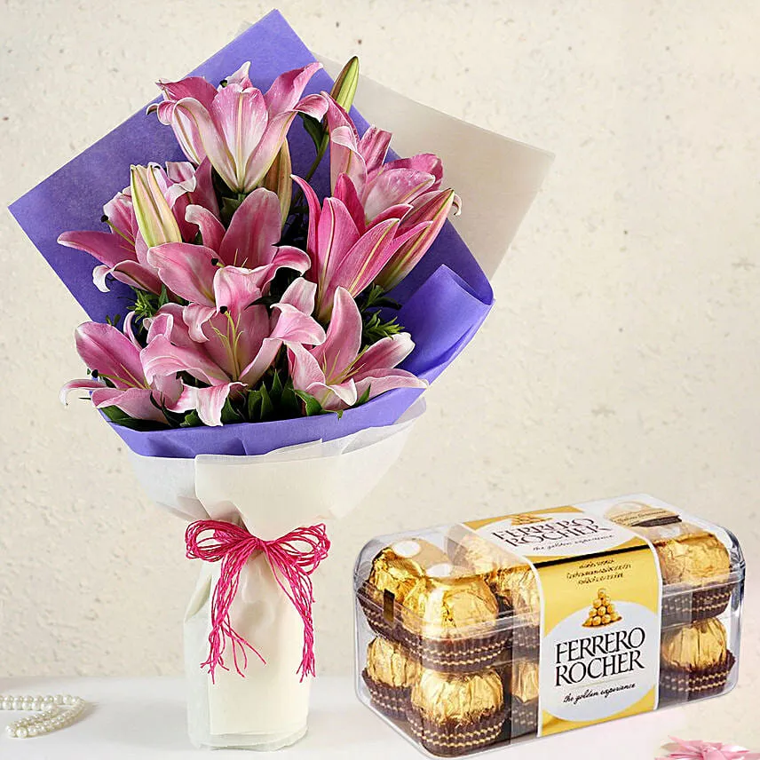 Alluring Pink Oriental Lilies Bouquet with Ferrero Rocher