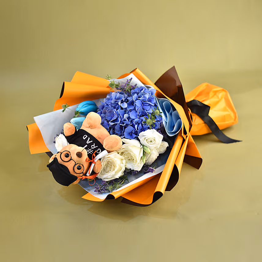 Graduation Teddy Bear & Mixed Flowers Bouquet