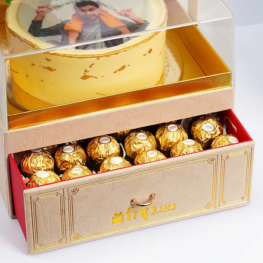 Premium Box Of Photo Cake Flowers And Chocolates