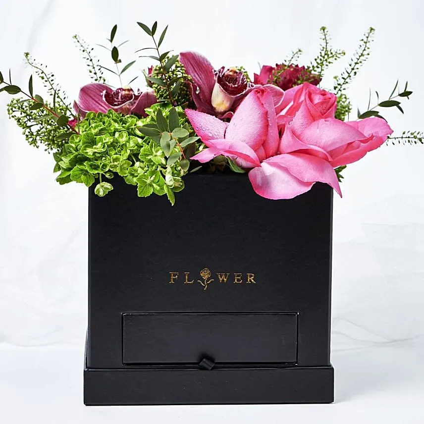 Beautiful Mixed Flowers Box Arrangement With Ferrero Rocher