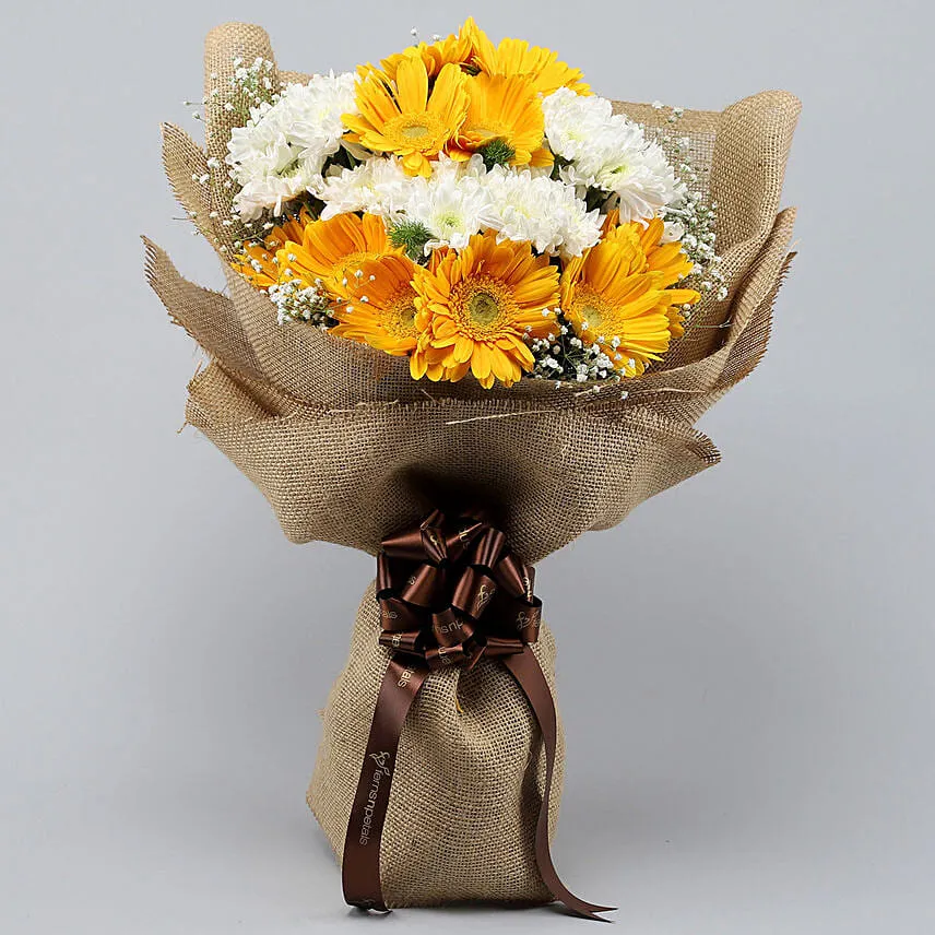 Lovely Yellow White Flowers Jute Bouquet With Cake