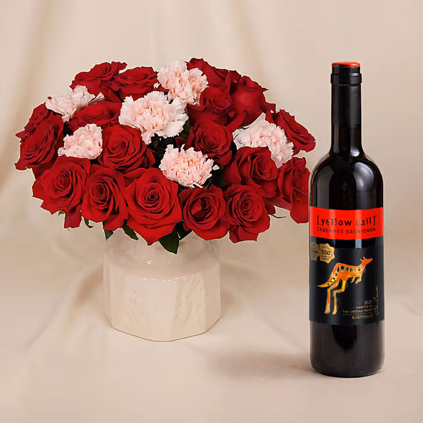 Roses and Carnations in Premium Vase and Wine for Vday