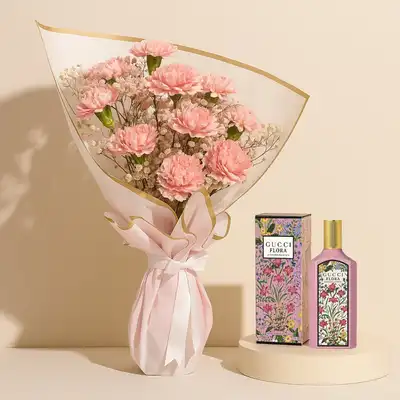 Elegant Pink Carnation Bouquet with Gucci Flora Essence