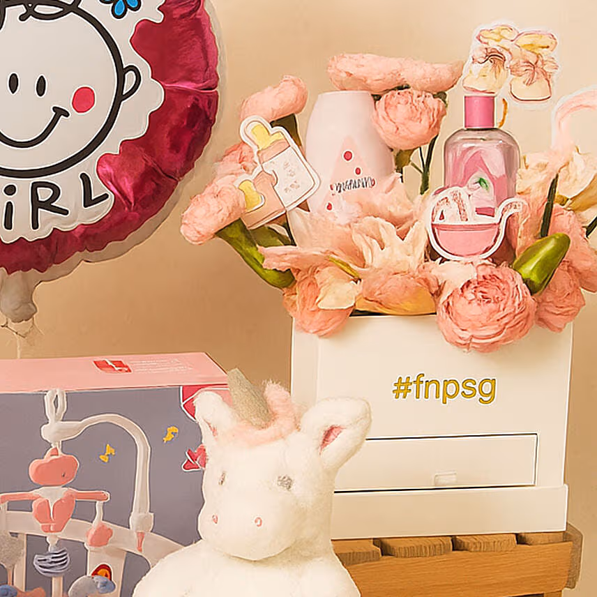 Its a Baby Girl Flowers box giftset and Balloon