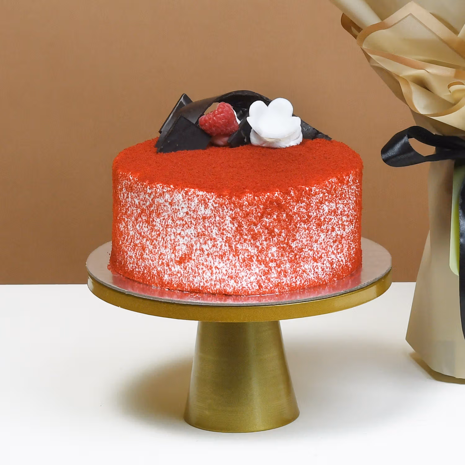 Crimson Elegance: Heartfelt Roses and Delightful Red Velvet Cake Combo