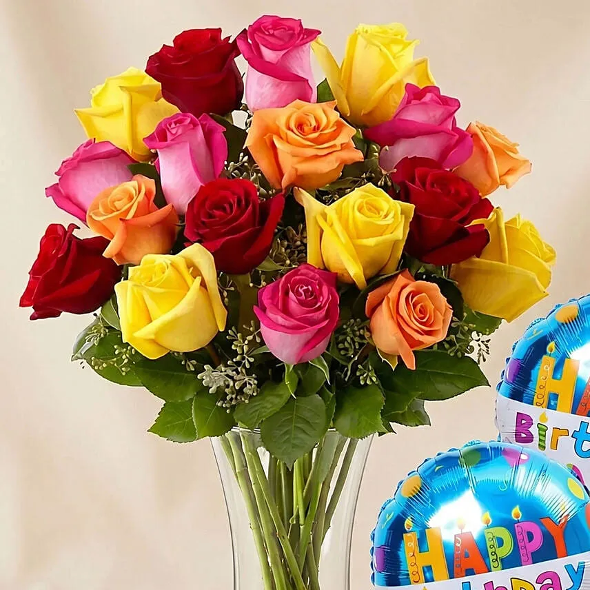 Vivid Roses Bunch With Birthday Balloon