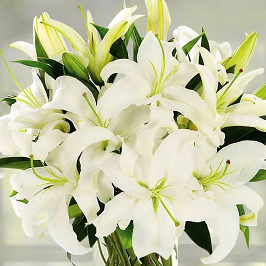 Serene Arranagement Of White Lilies With Ferrero Rocher