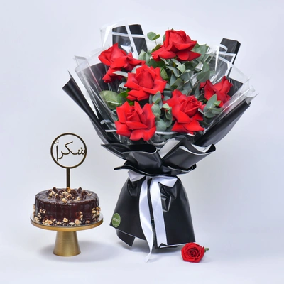 Elegant Crimson Roses Bouquet with Decadent Chocolate Hazelnut Cake