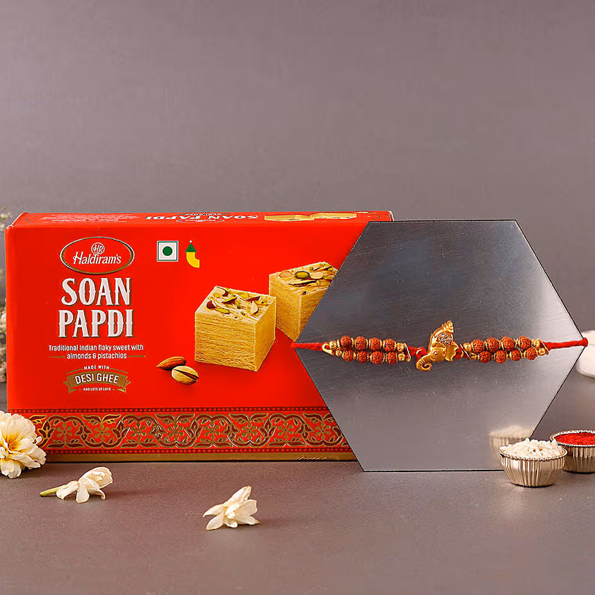 Sneh Elegant Rudraksha Rakhi & Soan Papdi