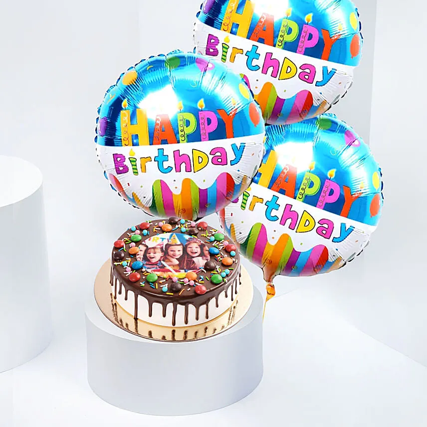 MNM Chocolate Birthday Photo Cake With Balloons
