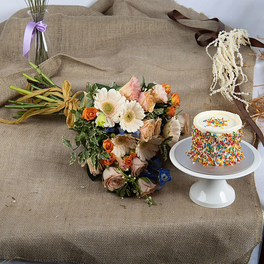 Pastel Beauty Flowers Bouquet and Cake