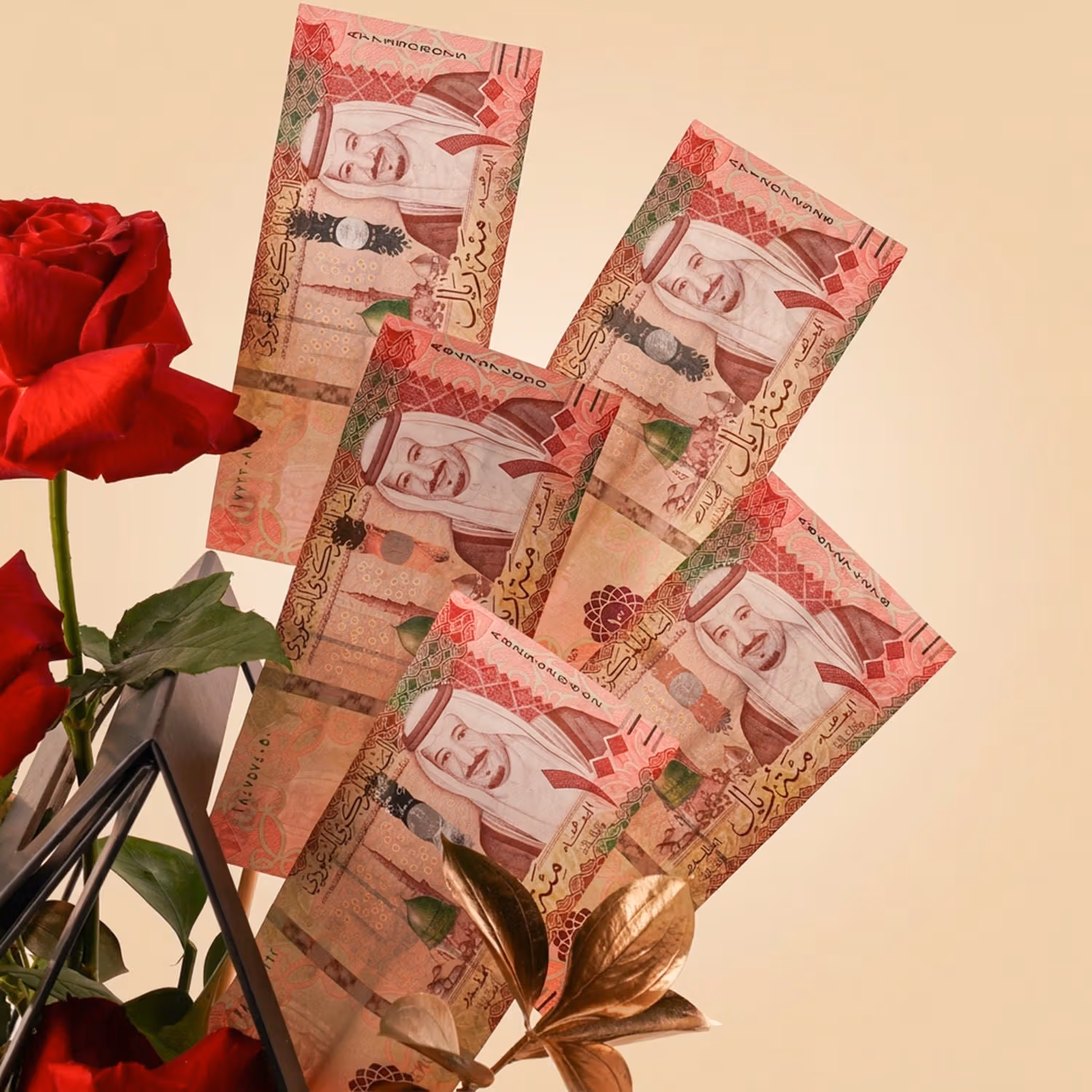 تنسيق ورد أحمر مع روشير و500 ريال