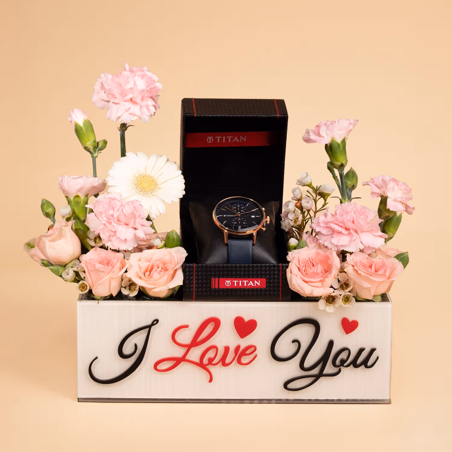 Titan Infinity Display Blue Dial Chronograph Watch with Leather Strap for Men in a Romantic 'I Love You' Flower Box