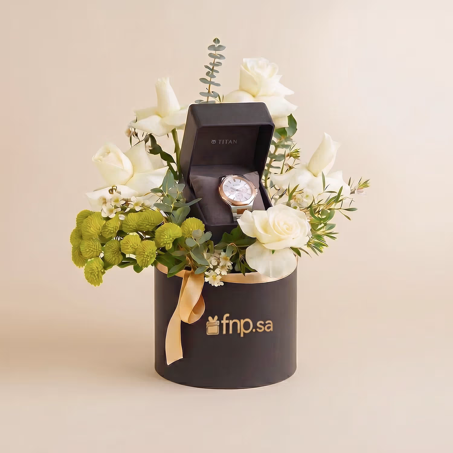 Luxurious Gift Box with Titan Watch and White Rose Bouquet