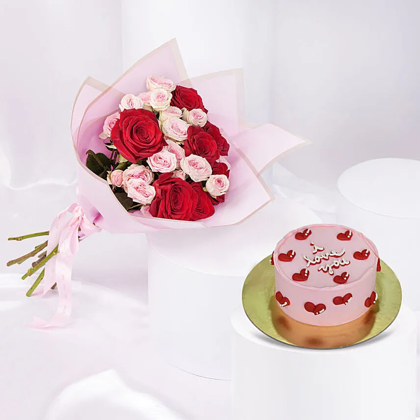 Valentines Roses Bouquet and Cake