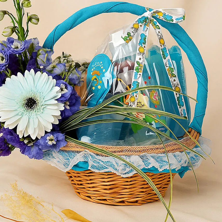 Lucky Baby Feed Essential Blue Basket with Flowers