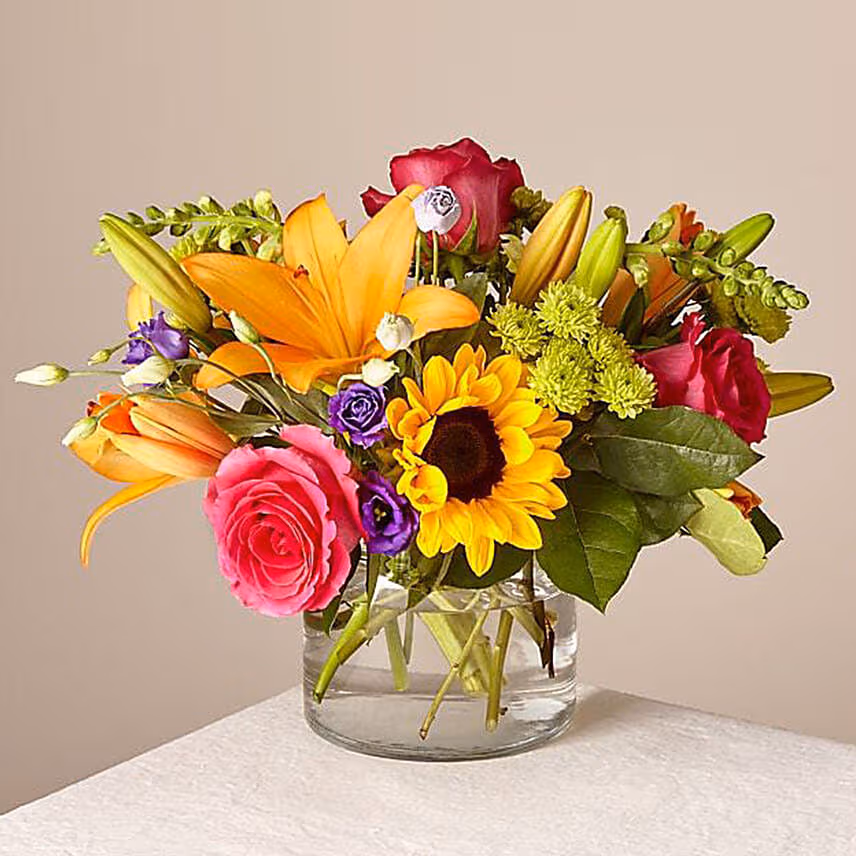 Heavenly Mixed Flowers Glass Vase With Birthday Balloons