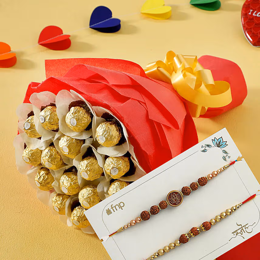 Bouquet of Sweetness With Rudraksha Rakhi Set