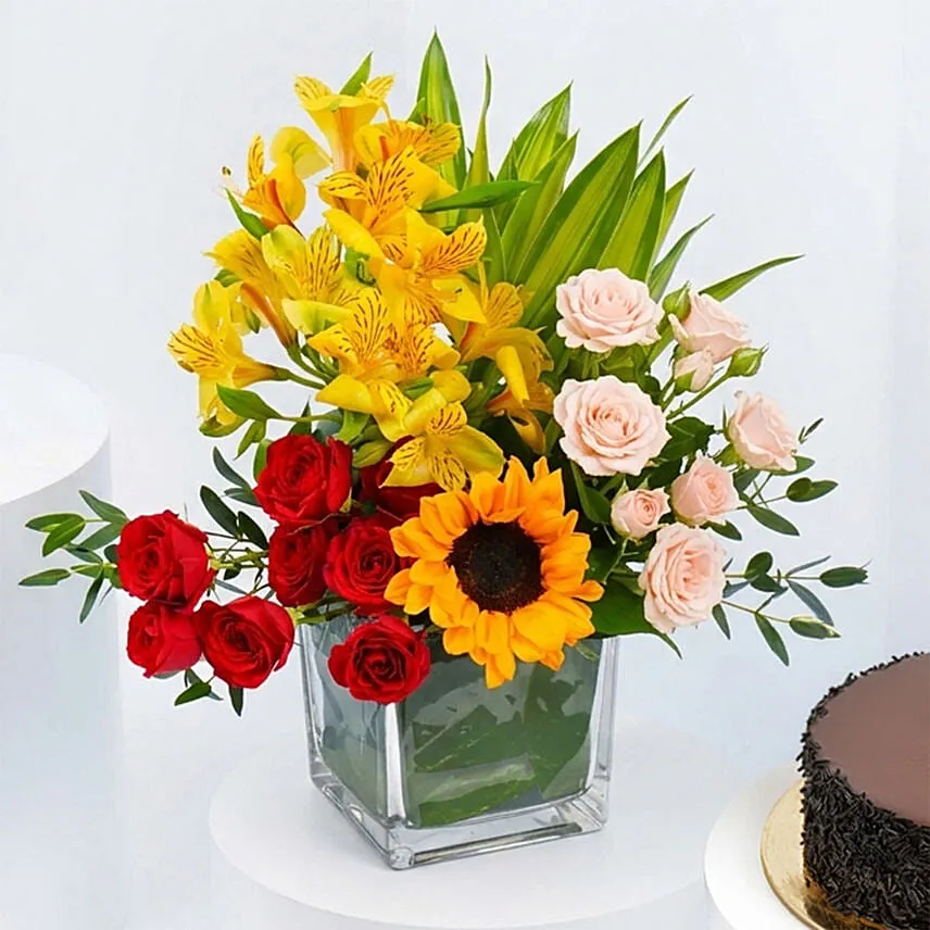 Delightful Birthday Chocolate Cake and Flowers