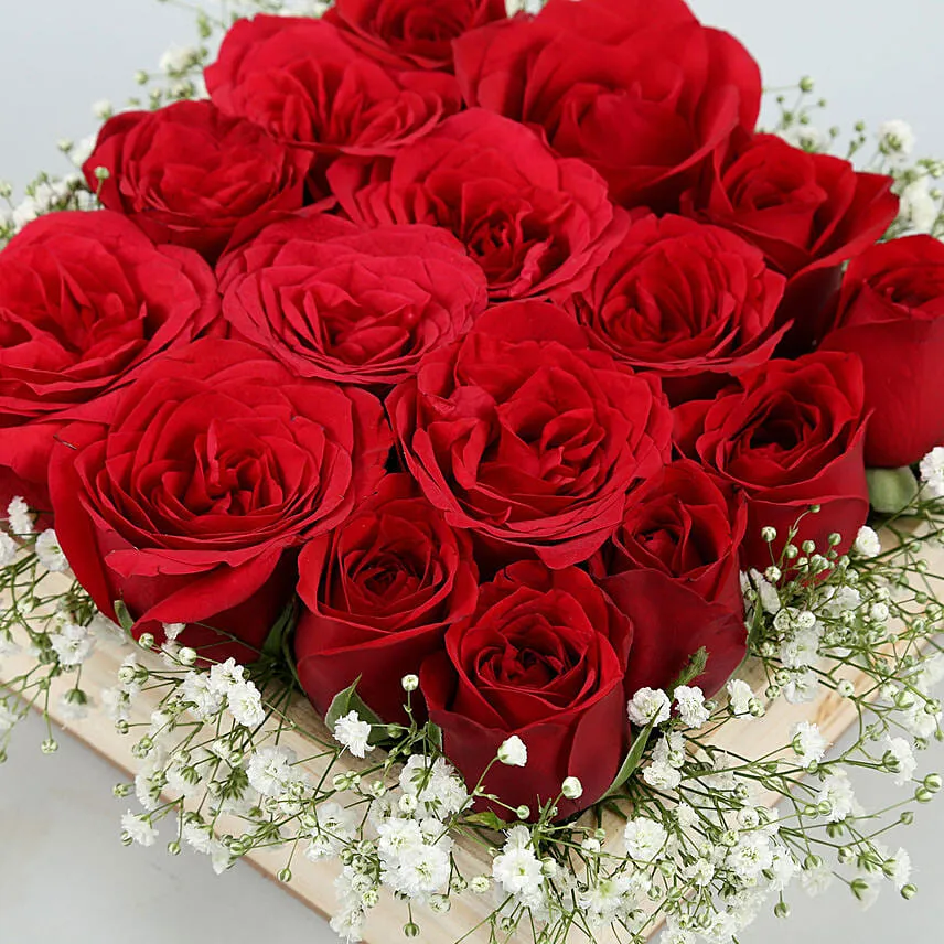 16 Scarlet Roses Showcase on Wooden Base