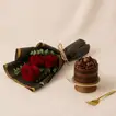 Exquisite Chocolate Mini Cake with Elegant Red Rose Bouquet